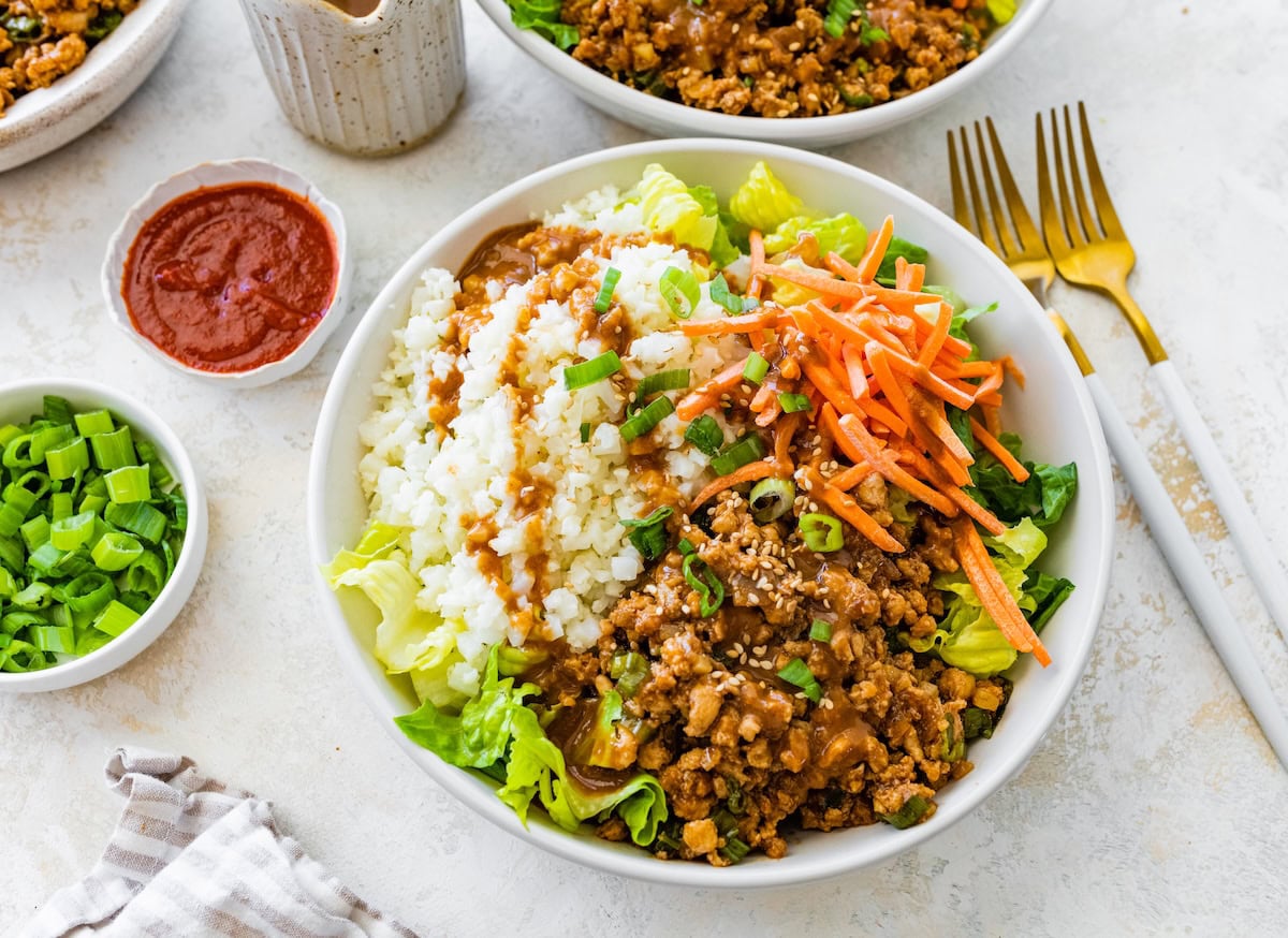 Chicken Lettuce Wrap Bowls with Peanut Sauce