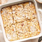 Freshly baked almond croissant baked oatmeal cut into squares.