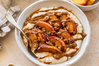 High-Protein Peach Crisp Yogurt Bowl